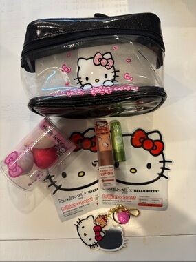 Hello Kitty Black & Pink Clear Cosmetic Pouch w/Lip Care Set, 2 face mask &more